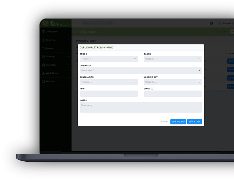 Farm Management & Operation Tracking Software Dashboard Queue Pallet for shipping screenshot