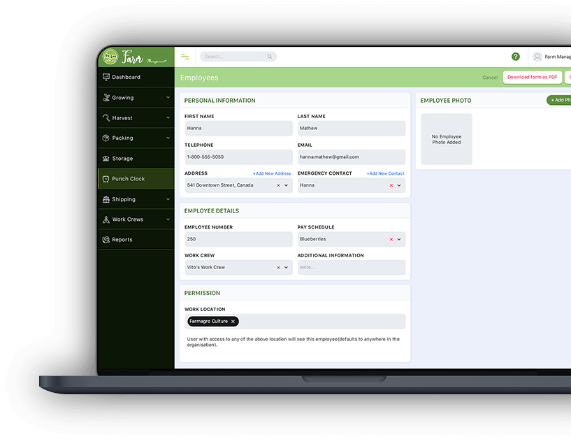 Farm Management & Operation Tracking Software Dashboard Personal Information screenshot