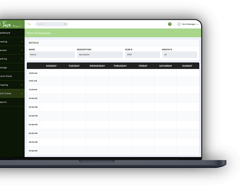 Farm Management & Operation Tracking Software Dashboard Work Schedule screenshot