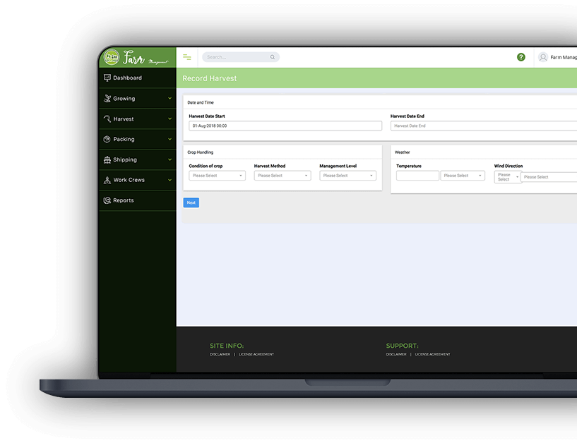 Farm Management & Operation Tracking Software Dashboard Harvest Record screenshot