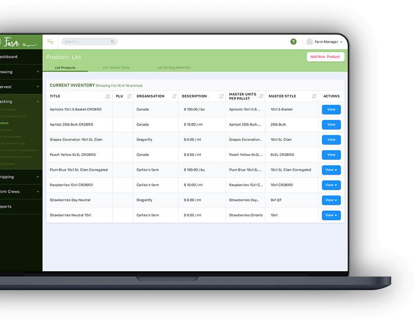 Farm Management & Operation Tracking Software Dashboard Product List screenshot