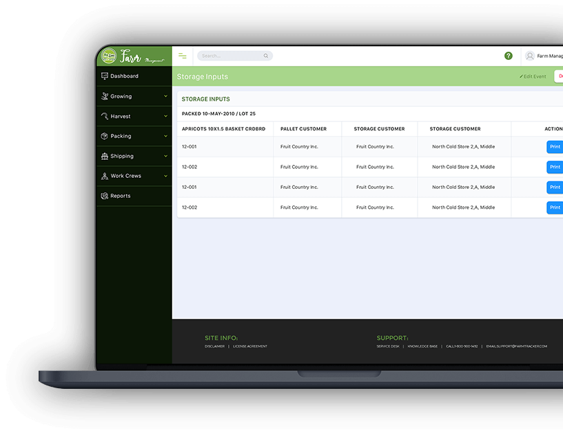 Farm Management & Operation Tracking Software Dashboard storage Inputs screenshot