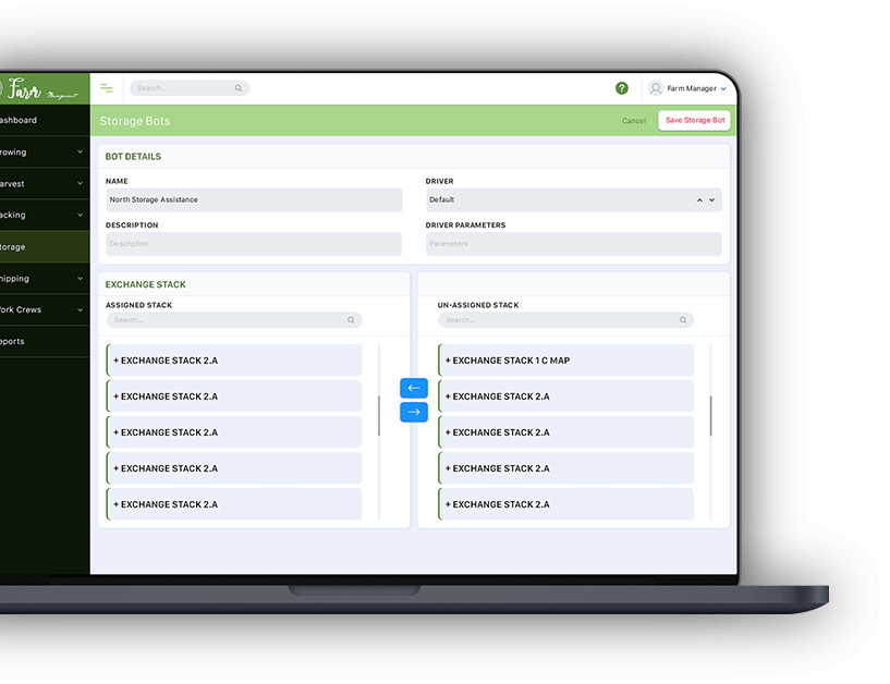 Farm Management & Operation Tracking Software Dashboard storage bots screenshot